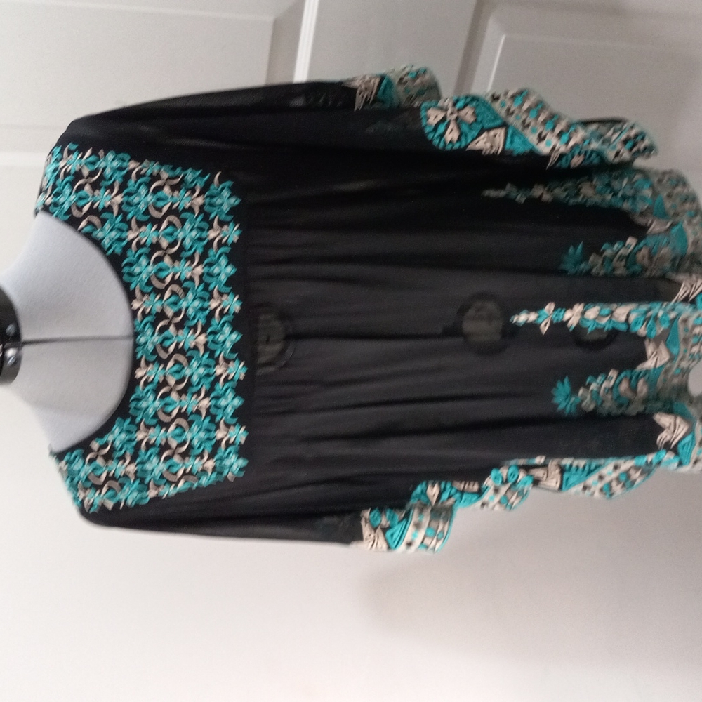 Inc Black & Teal Embroidered Sheer Tunic Sz Large - Picture 1 of 4
